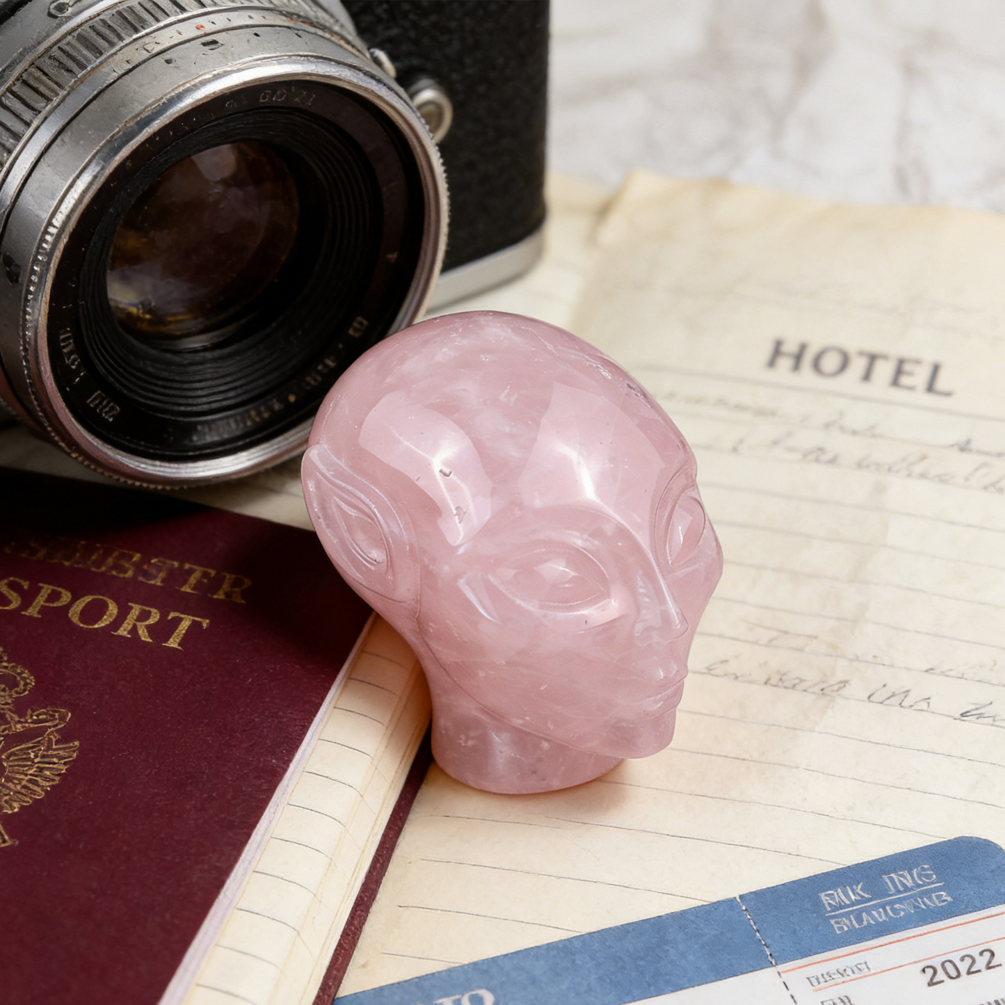 3 Inch Rose Quartz Alien Crystal Skull – Hand Carved Natural Gemstone