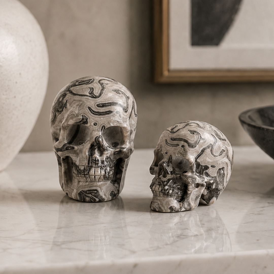 4.5 Inch Black Crazy Lace Agate Crystal Skull – Hand Carved Natural Stone