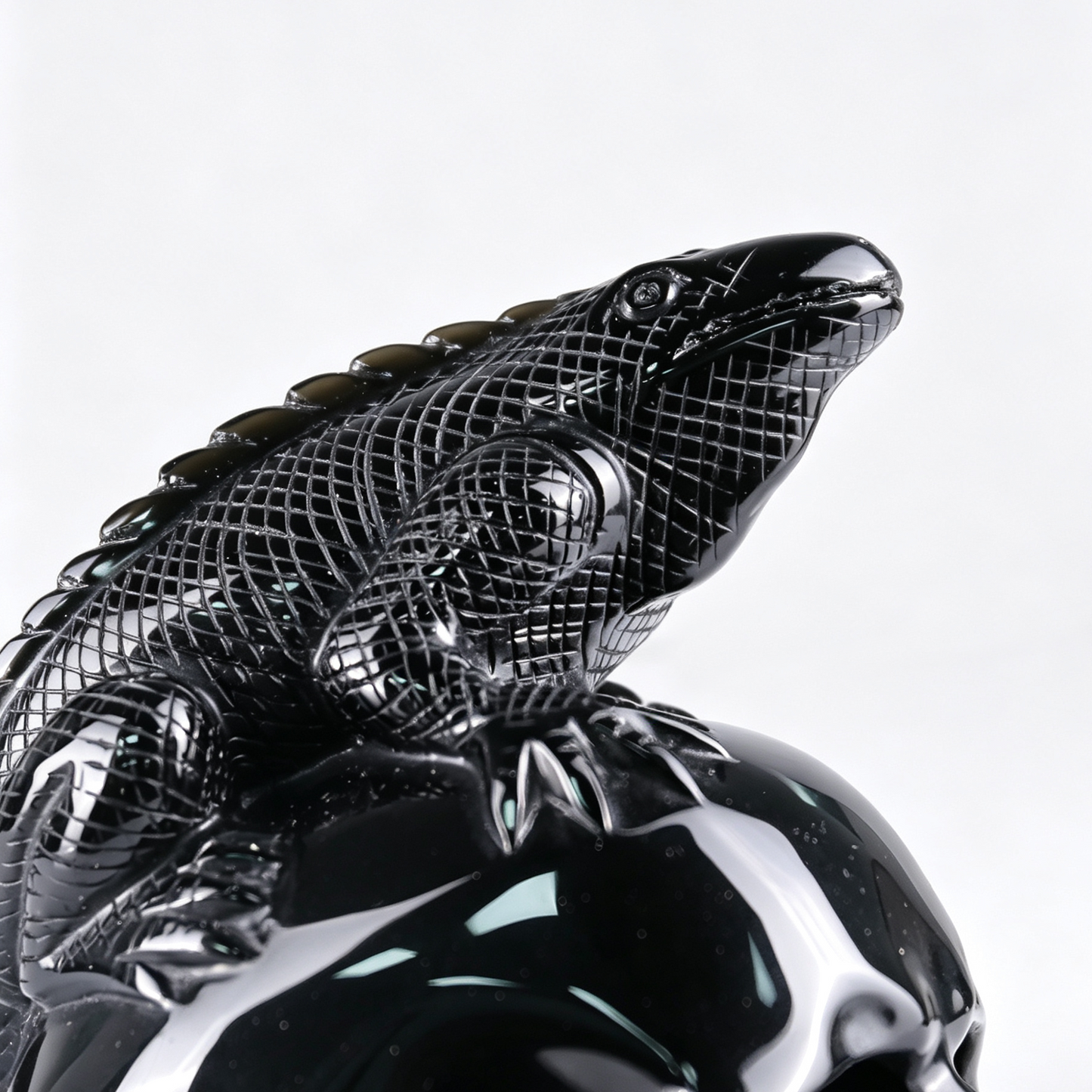 4" Black Obsidian Crystal Skull with Lizard