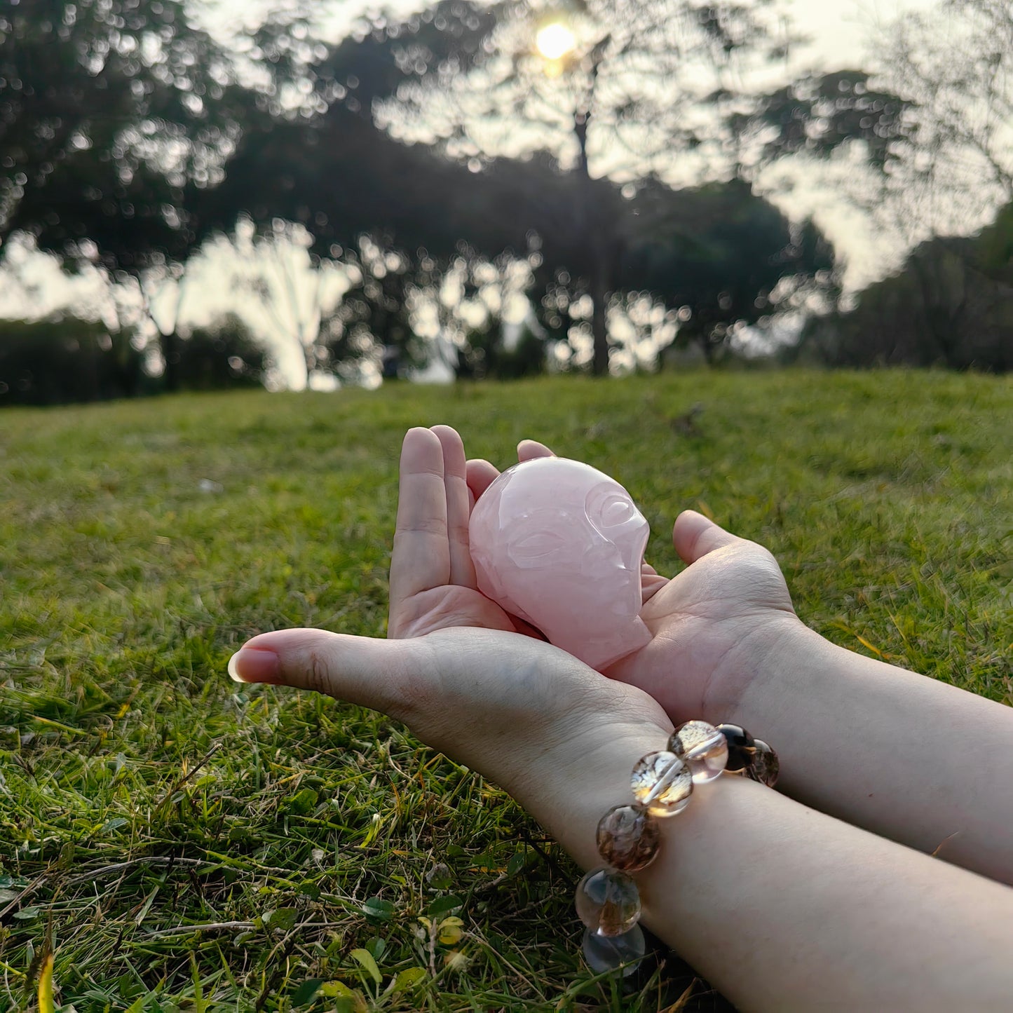 3 Inch Rose Quartz Alien Crystal Skull – Hand Carved Natural Gemstone