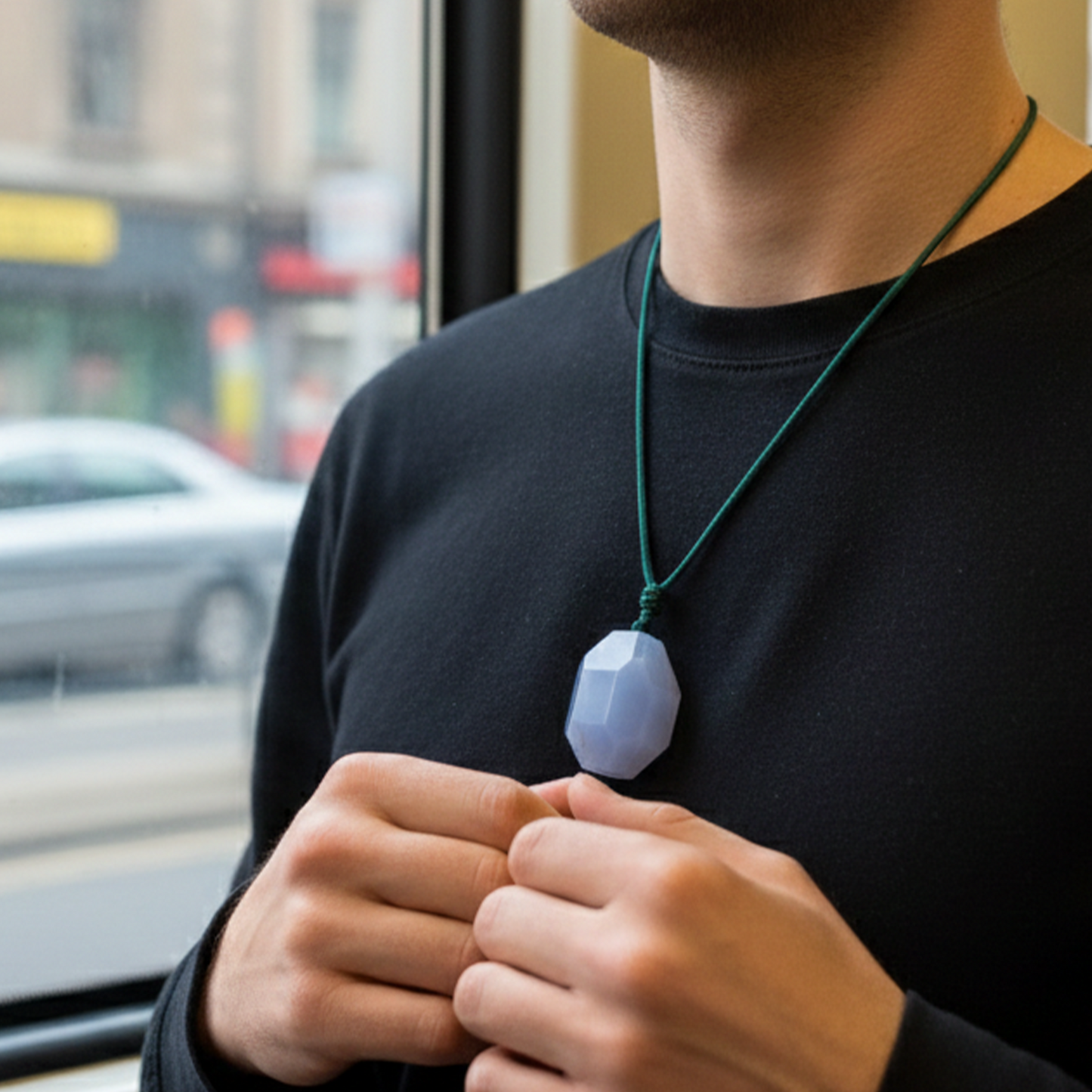 Blue Chalcedony Polyhedron Fidget Pendant – Natural Stone Charm