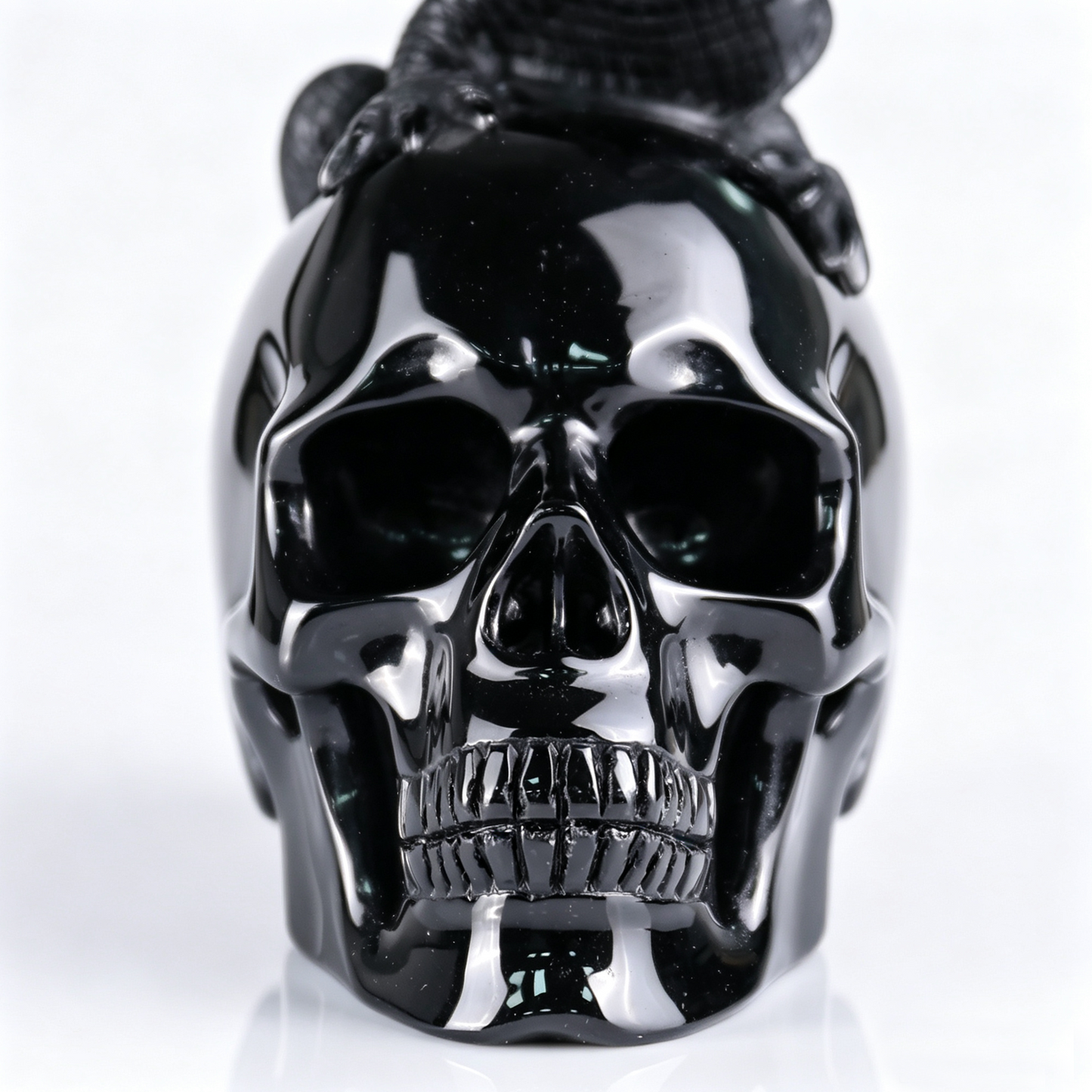 4" Black Obsidian Crystal Skull with Lizard