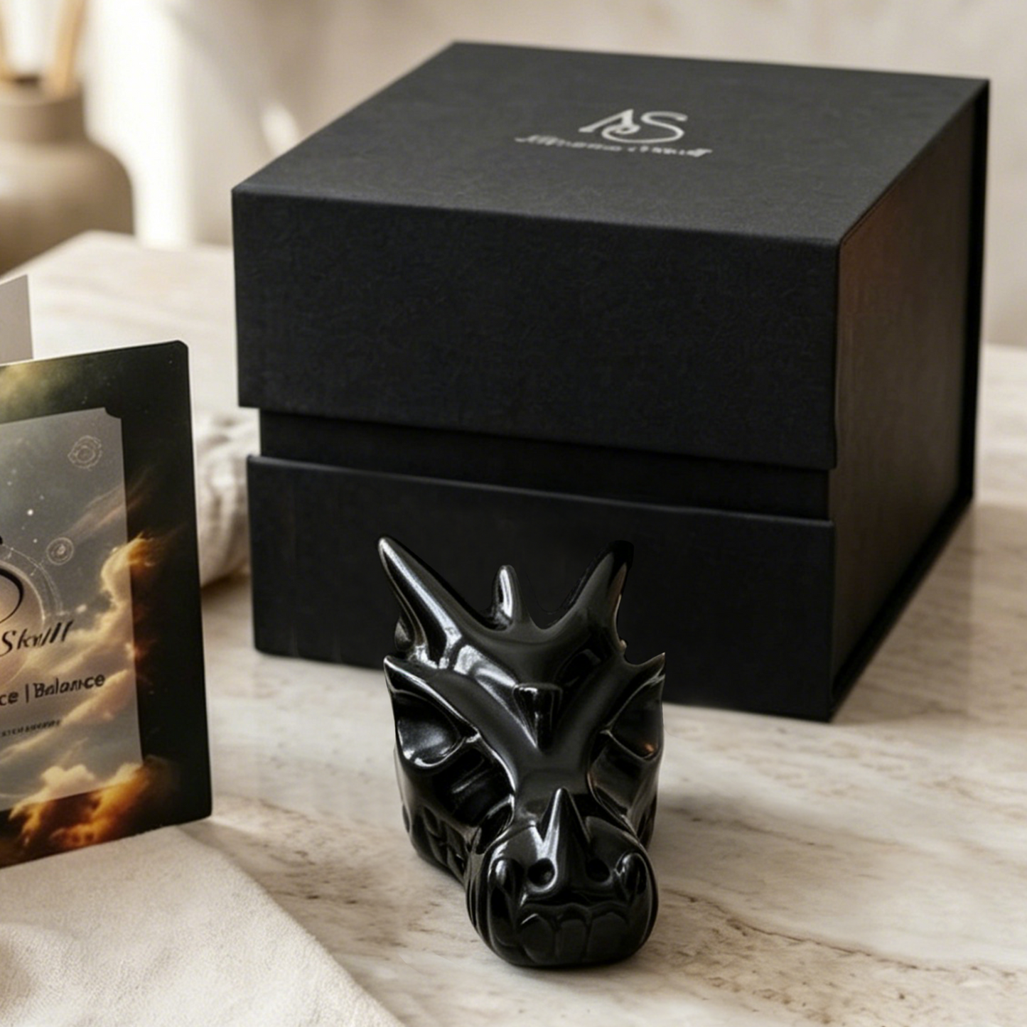 3 inch Black Obsidian Chinese Dragon Skull - Hand Carved Natrual Obsidian Sculpture