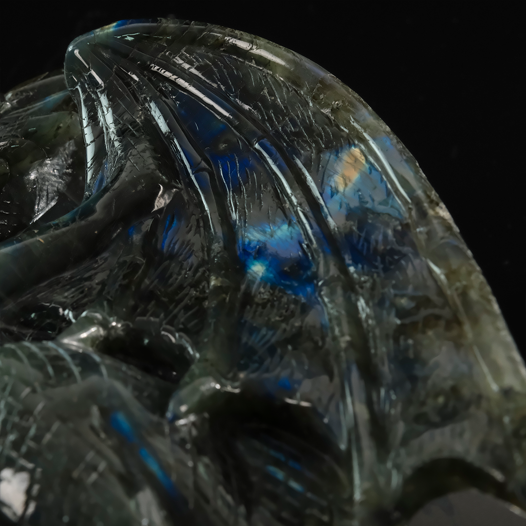 Labradorite Winged Dragon on Skull - Hand-Carved Natural Stone Sculpture