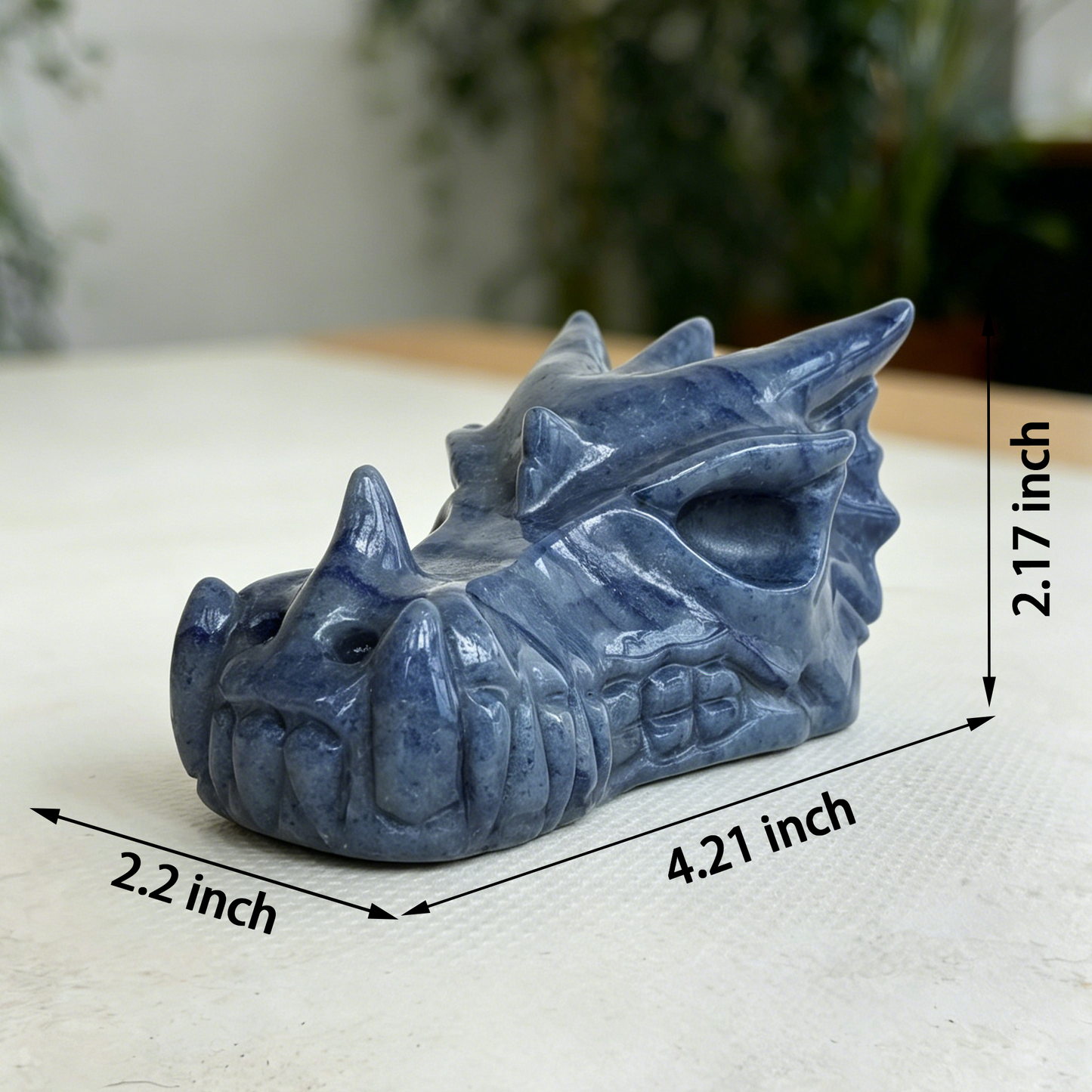 4.2 inch Blue Aventurine Chinese Dragon Skull - Natrual Aventurine Carving