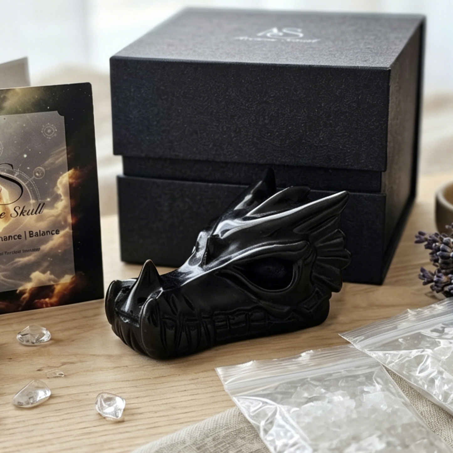 4.2 inch Black Obsidian Chinese Dragon Skull - Hand Carved Natrual Obsidian Sculpture