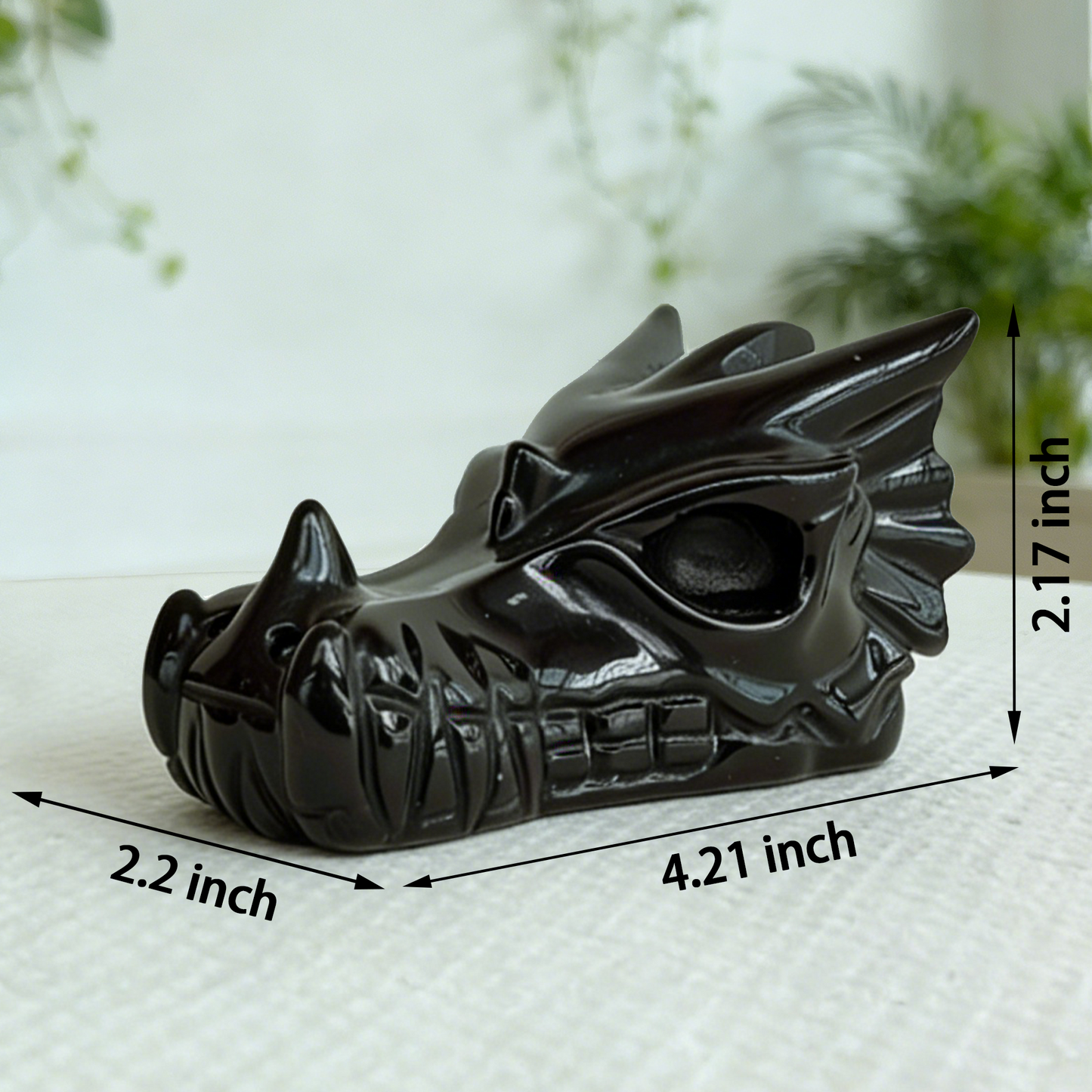 4.2 inch Black Obsidian Chinese Dragon Skull - Hand Carved Natrual Obsidian Sculpture