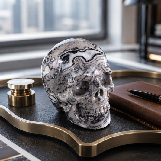4.5 Inch Grey Picture Jasper Crystal Skull – Hand Carved Natural Stone
