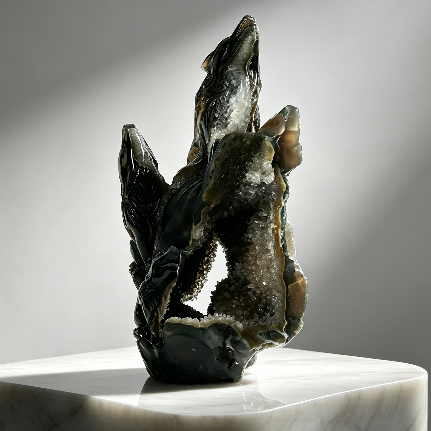 Natural Geode Agate Wolf Carving - Natural Stone Sculpture Carving
