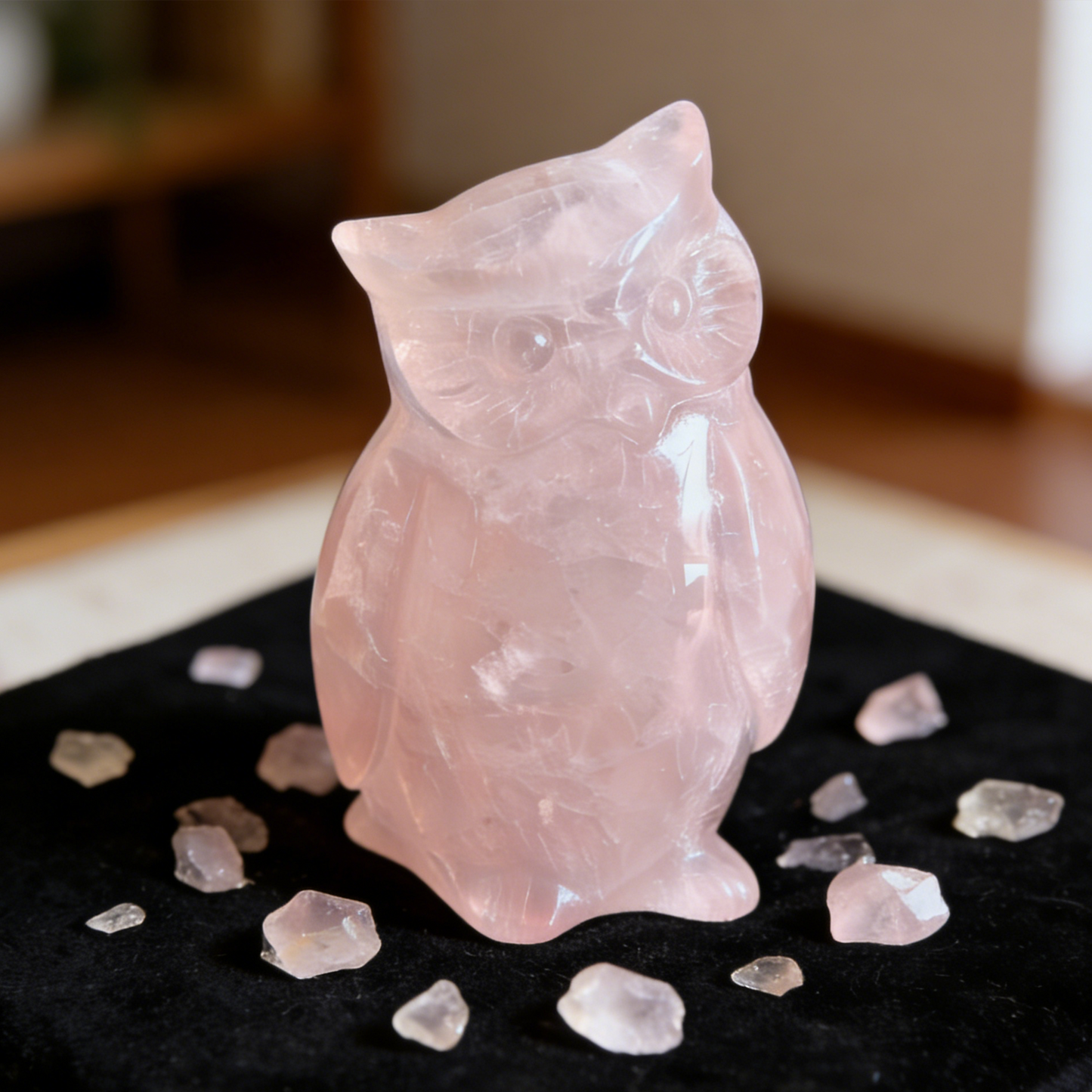 Rose Quartz Owl Carving – Hand Carved Natural Stone