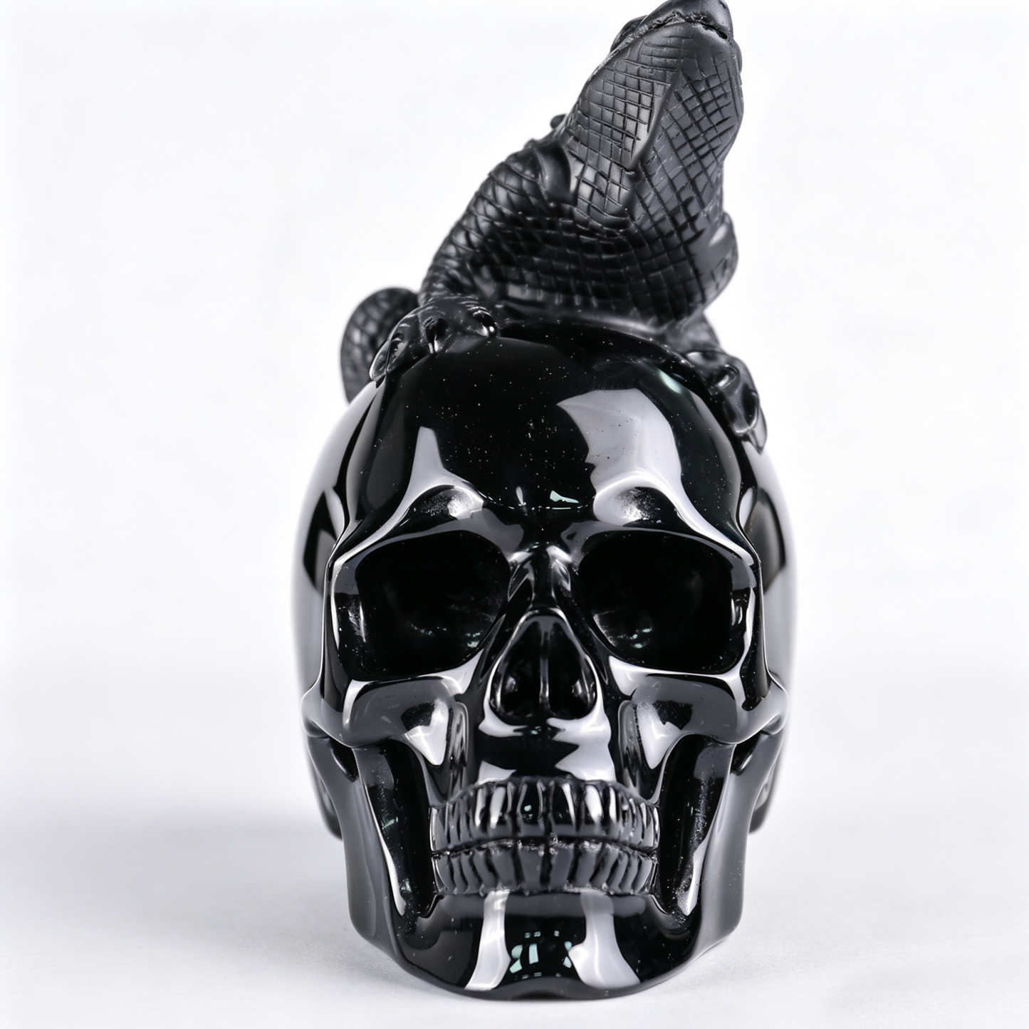 4" Black Obsidian Crystal Skull with Lizard