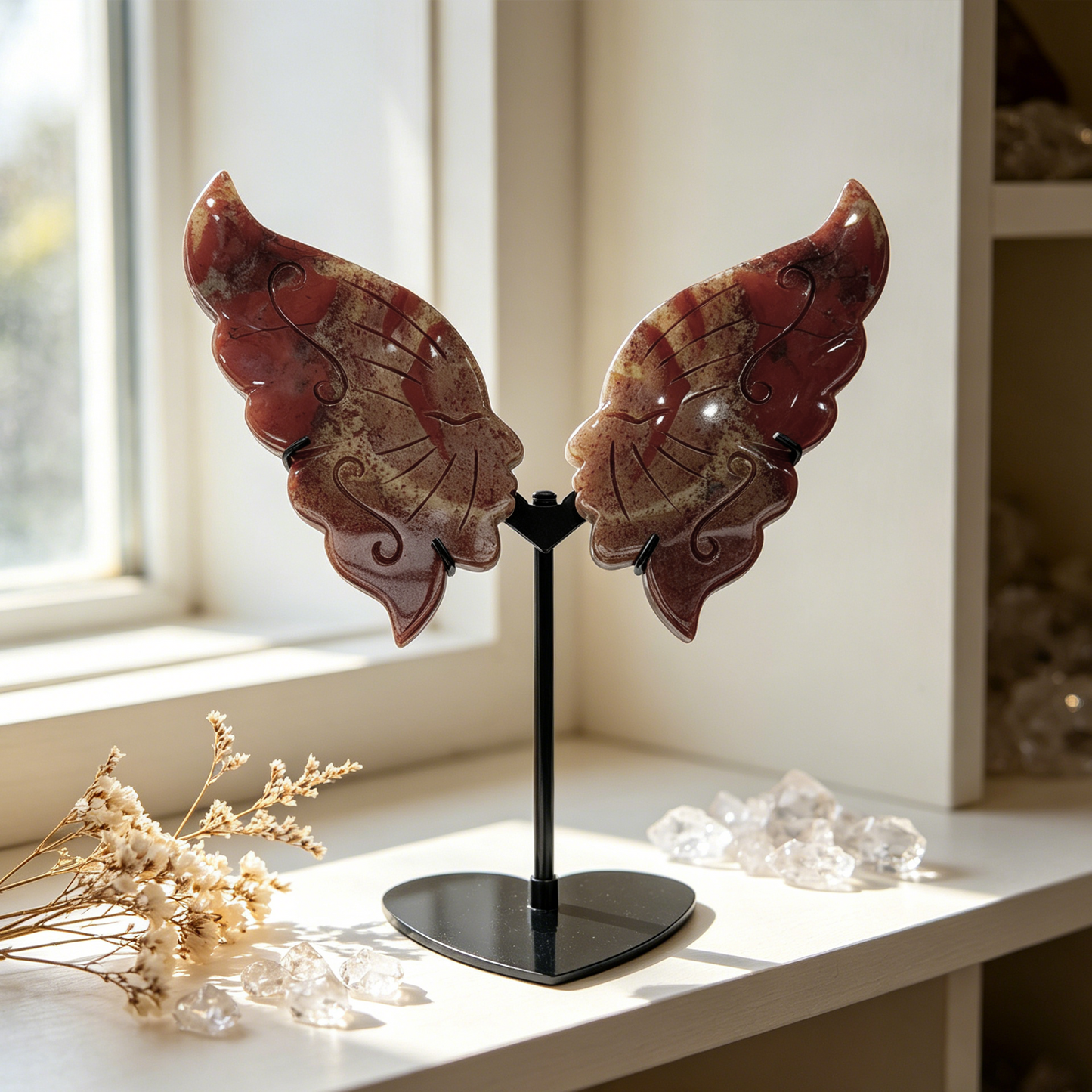 Red Jasper Butterfly Sculpture with Dual Face - Natural Jasper Carving