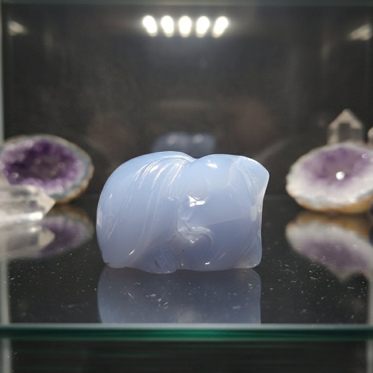 Blue Chalcedony Sleeping Cat Carving – Hand Carved Natural Stone
