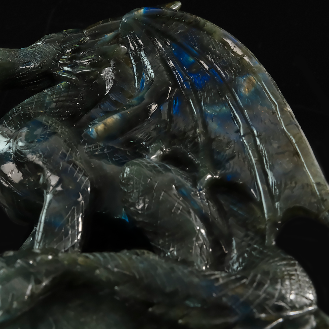Labradorite Winged Dragon on Skull - Hand-Carved Natural Stone Sculpture