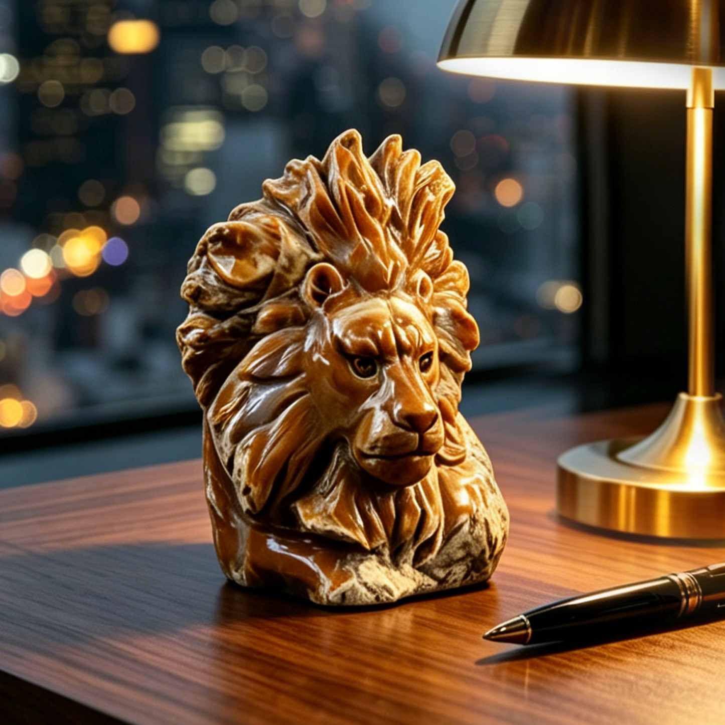 Yellow Chalcedony Lion Head Carving - Hand Carved Natural Stone