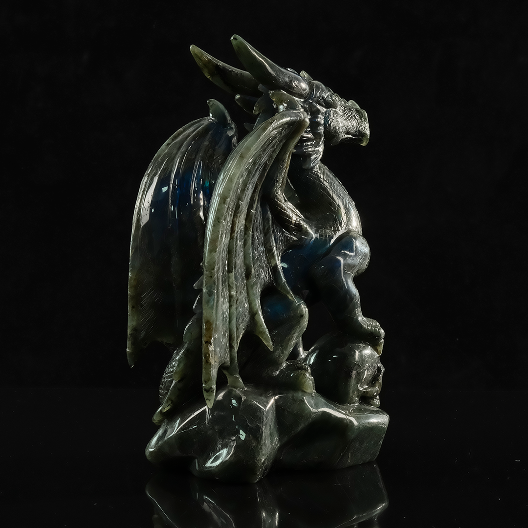 Labradorite Winged Dragon on Skull - Hand-Carved Natural Stone Sculpture