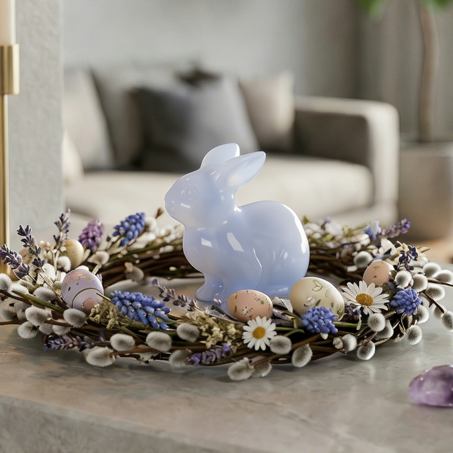 Lapin de Pâques sculpté en calcédoine bleue - Sculpture animale en pierre naturelle