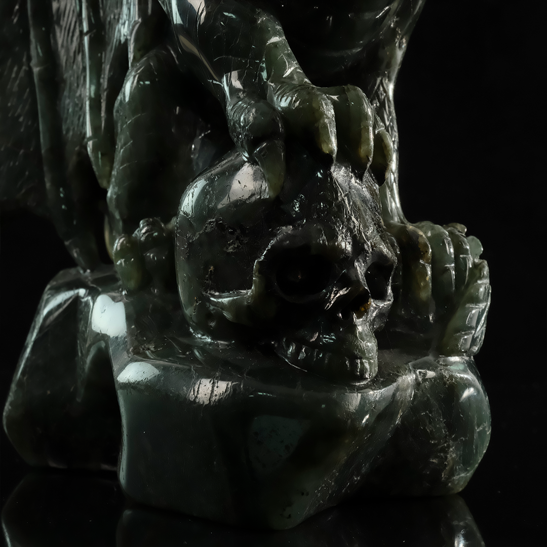 Labradorite Winged Dragon on Skull - Hand-Carved Natural Stone Sculpture