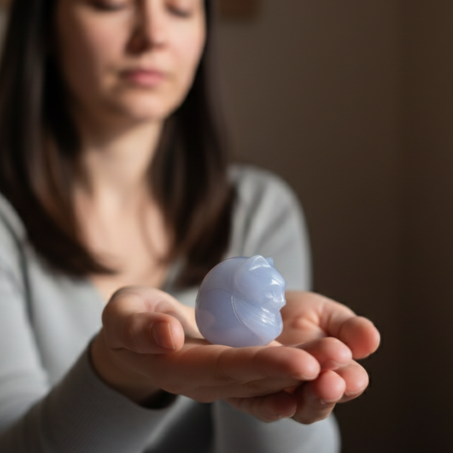 Blue Chalcedony Sleeping Cat Carving – Hand Carved Natural Stone