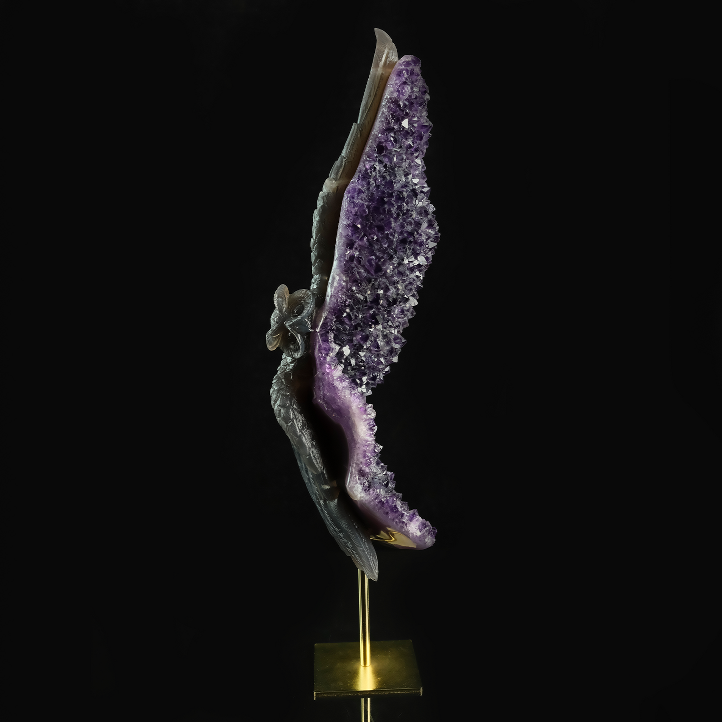 Large Amethyst Cluster Owl Sculpture - Hand Carved Natural Stone