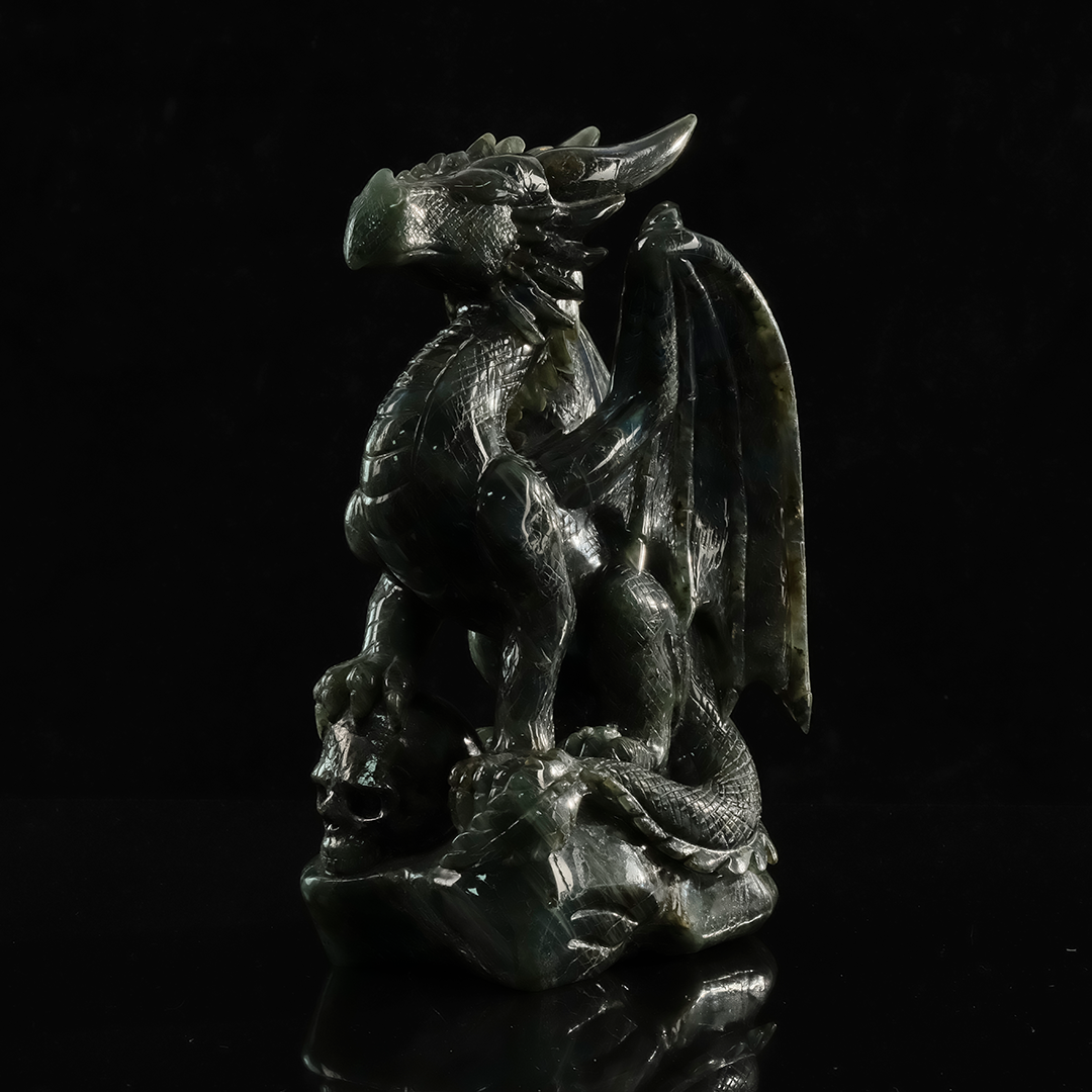 Labradorite Winged Dragon on Skull - Hand-Carved Natural Stone Sculpture