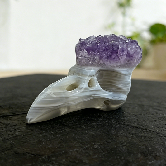 2.5 inch Amethyst Cluster Crow Skull - Natrual Amethyst Crystal Carving
