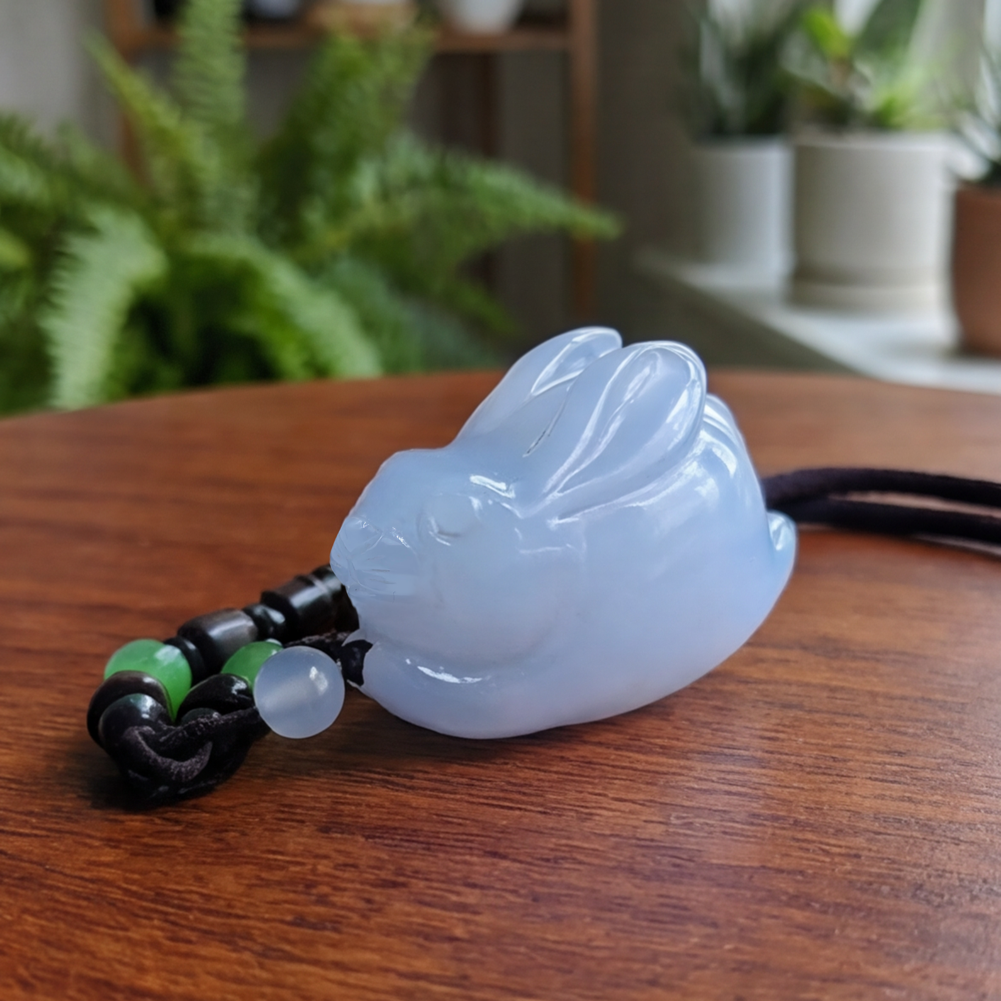 Blue Chalcedony Rabbit Pendant - Hand Carved Natrual Crystal
