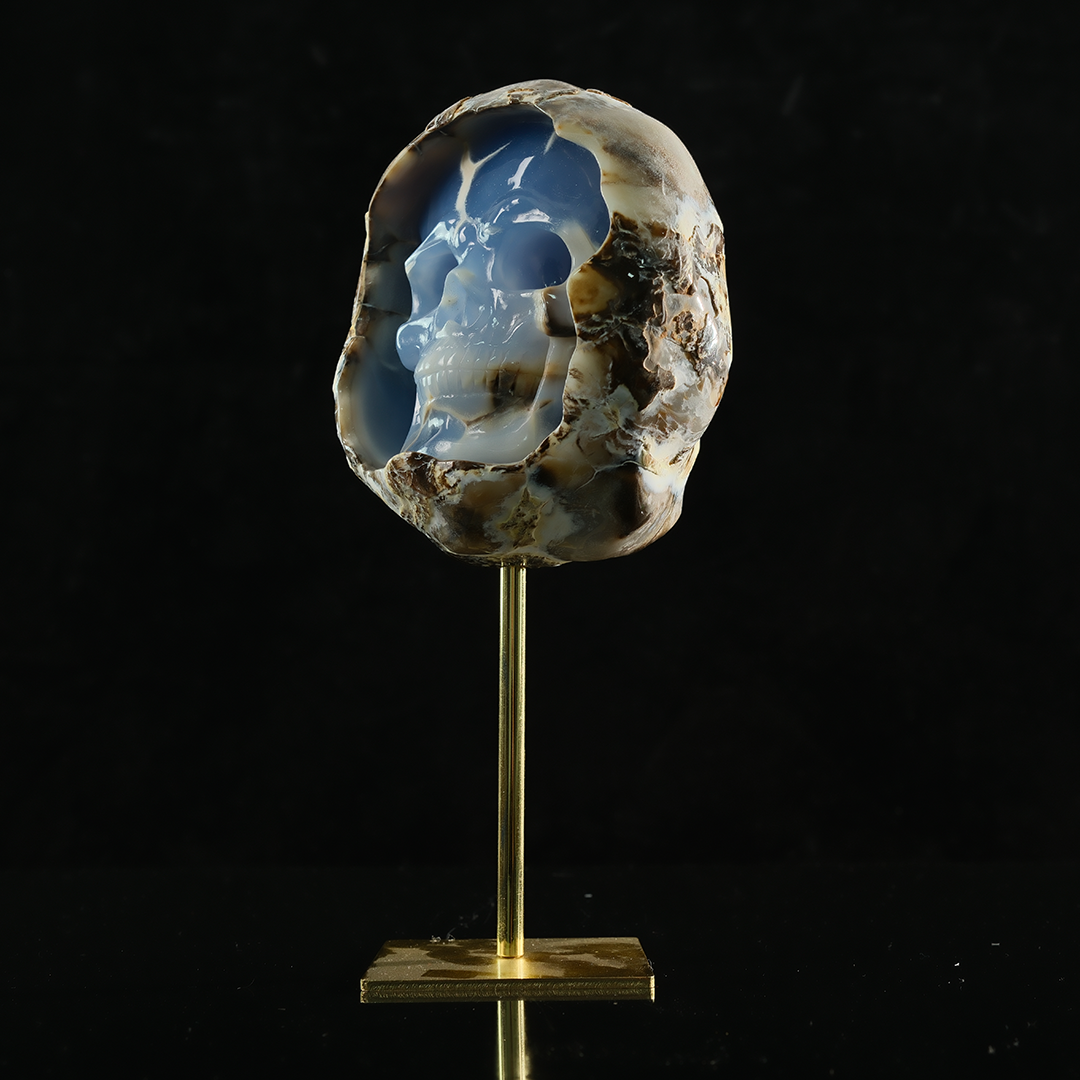 Blue Chalcedony Cave Carving Skull in Raw Crust - Hand Carved Natural Gemstone