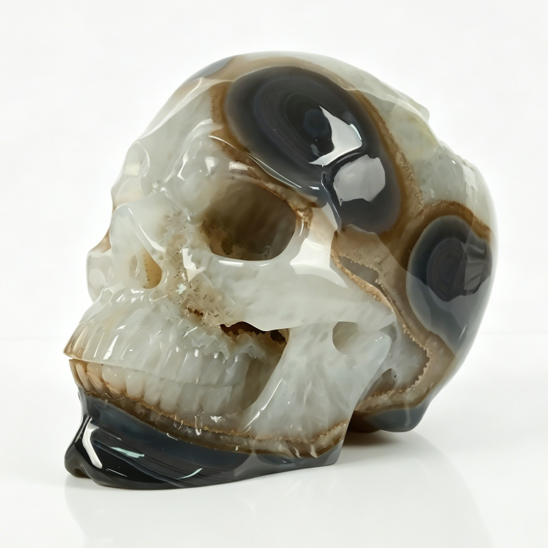 7.8 inch Carved Geode Agate Skull - Natural Stone Sculpture Carving