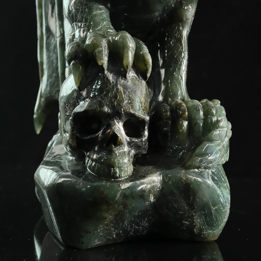 Labradorite Winged Dragon on Skull - Hand-Carved Natural Stone Sculpture