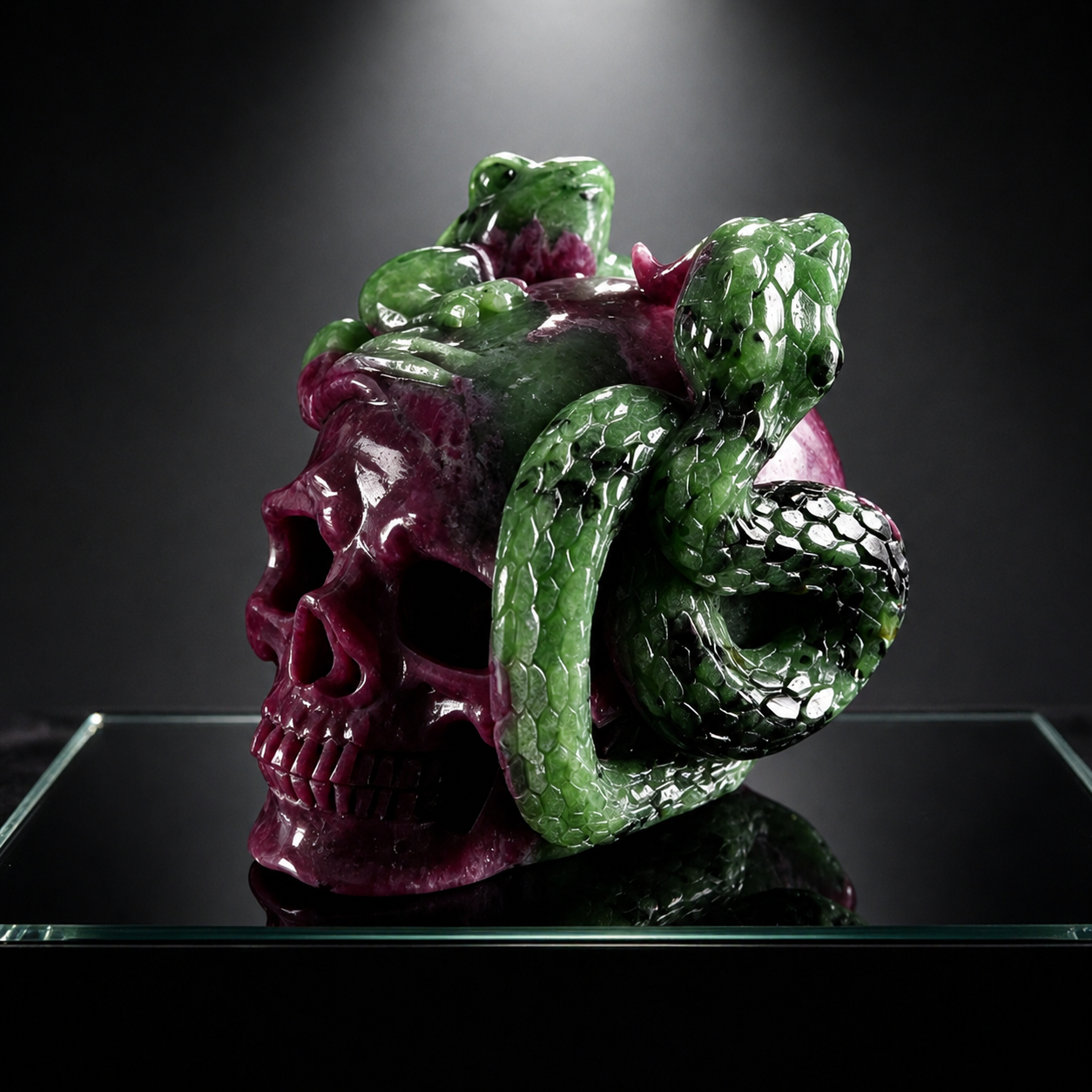 ‘Life & Shadow’ - Ruby in Zoisite Skull with Serpent and Frog · Specimen No. 19