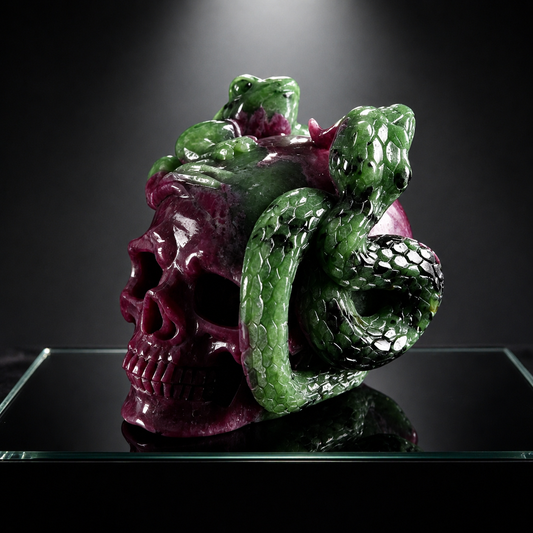 ‘Life & Shadow’ - Ruby in Zoisite Skull with Serpent and Frog · Specimen No. 19