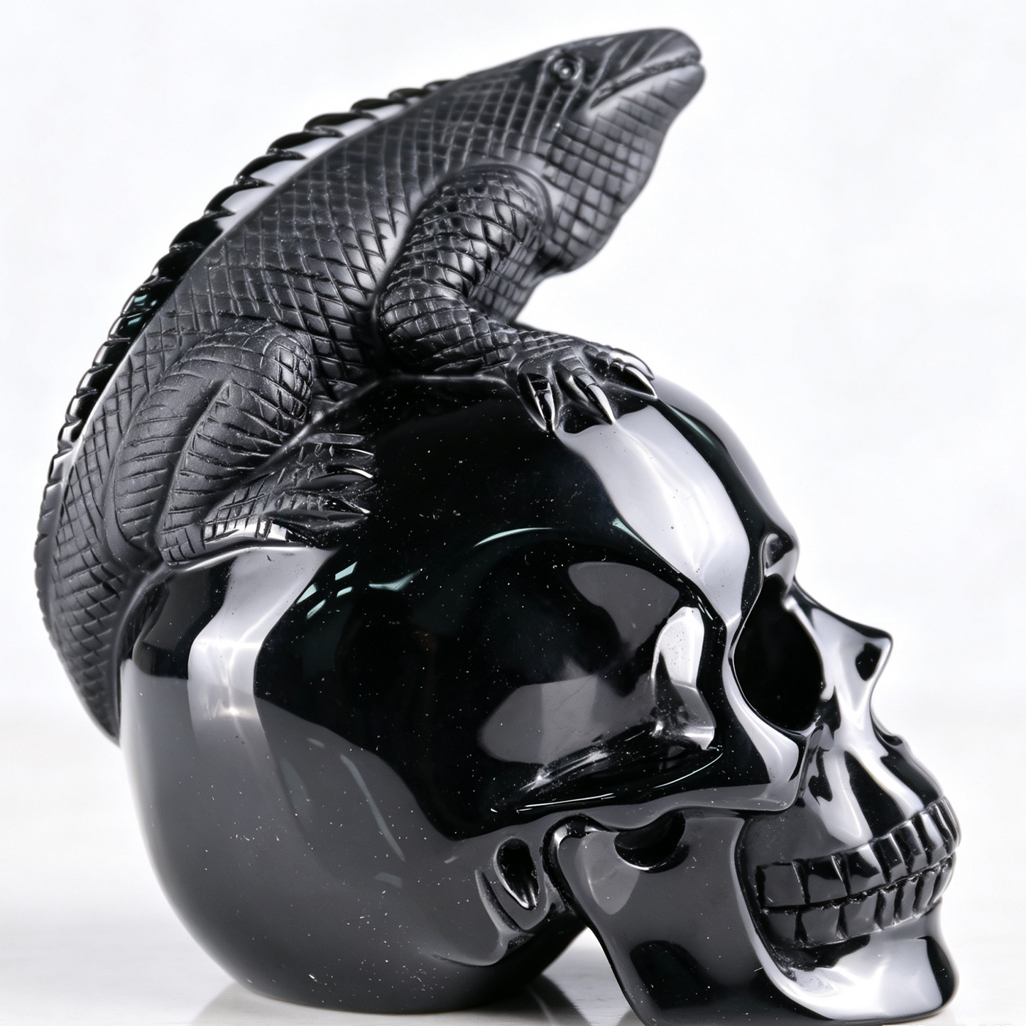 4" Black Obsidian Crystal Skull with Lizard