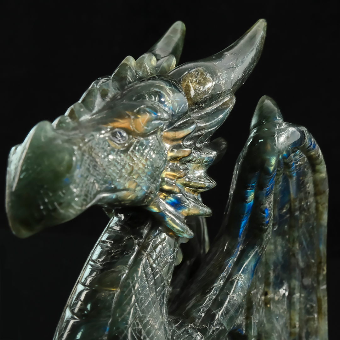 Labradorite Winged Dragon on Skull - Hand-Carved Natural Stone Sculpture