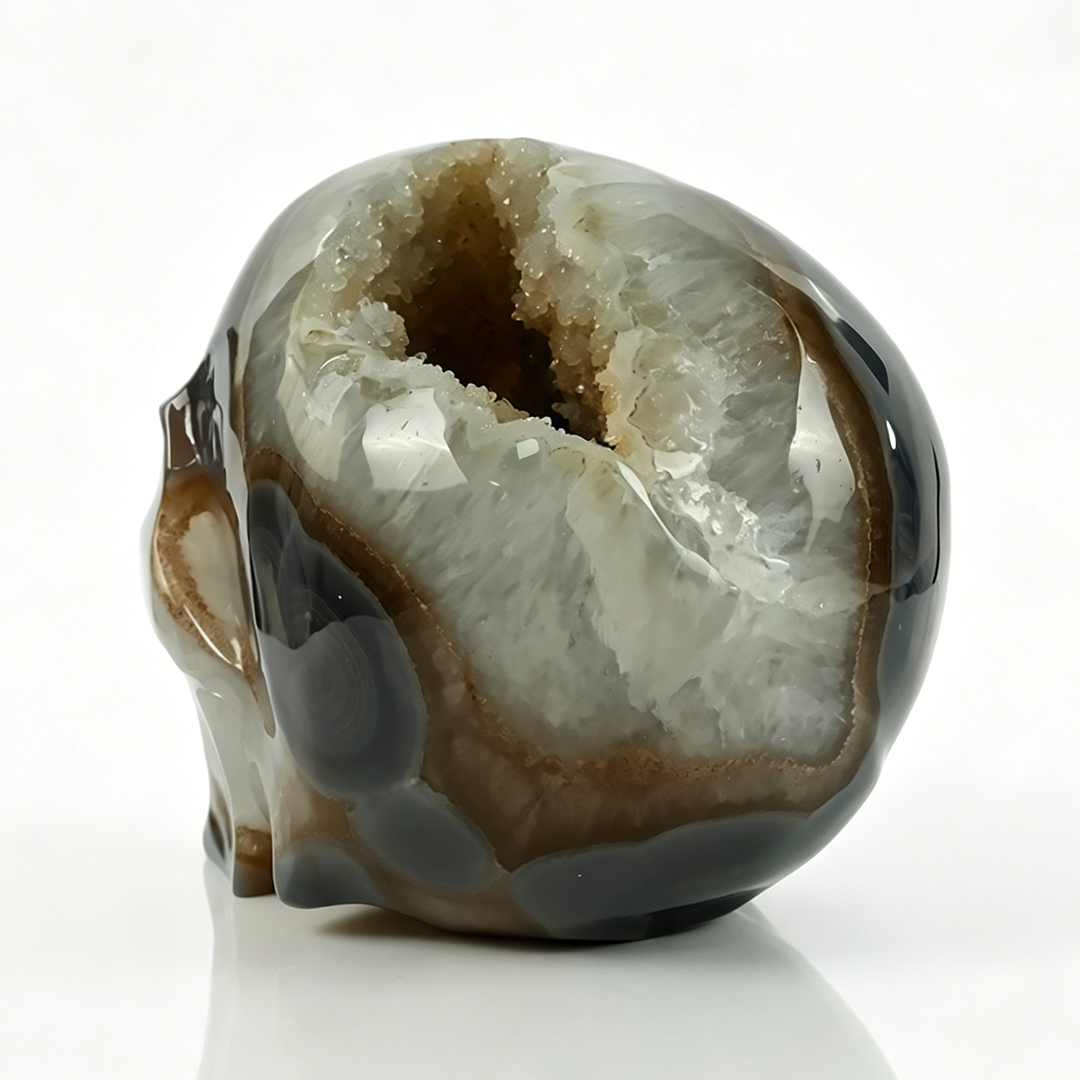 7.8 inch Carved Geode Agate Skull - Natural Stone Sculpture Carving