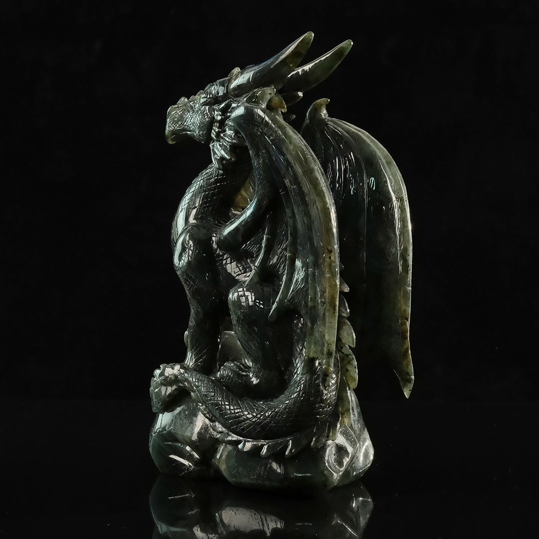 Labradorite Winged Dragon on Skull - Hand-Carved Natural Stone Sculpture