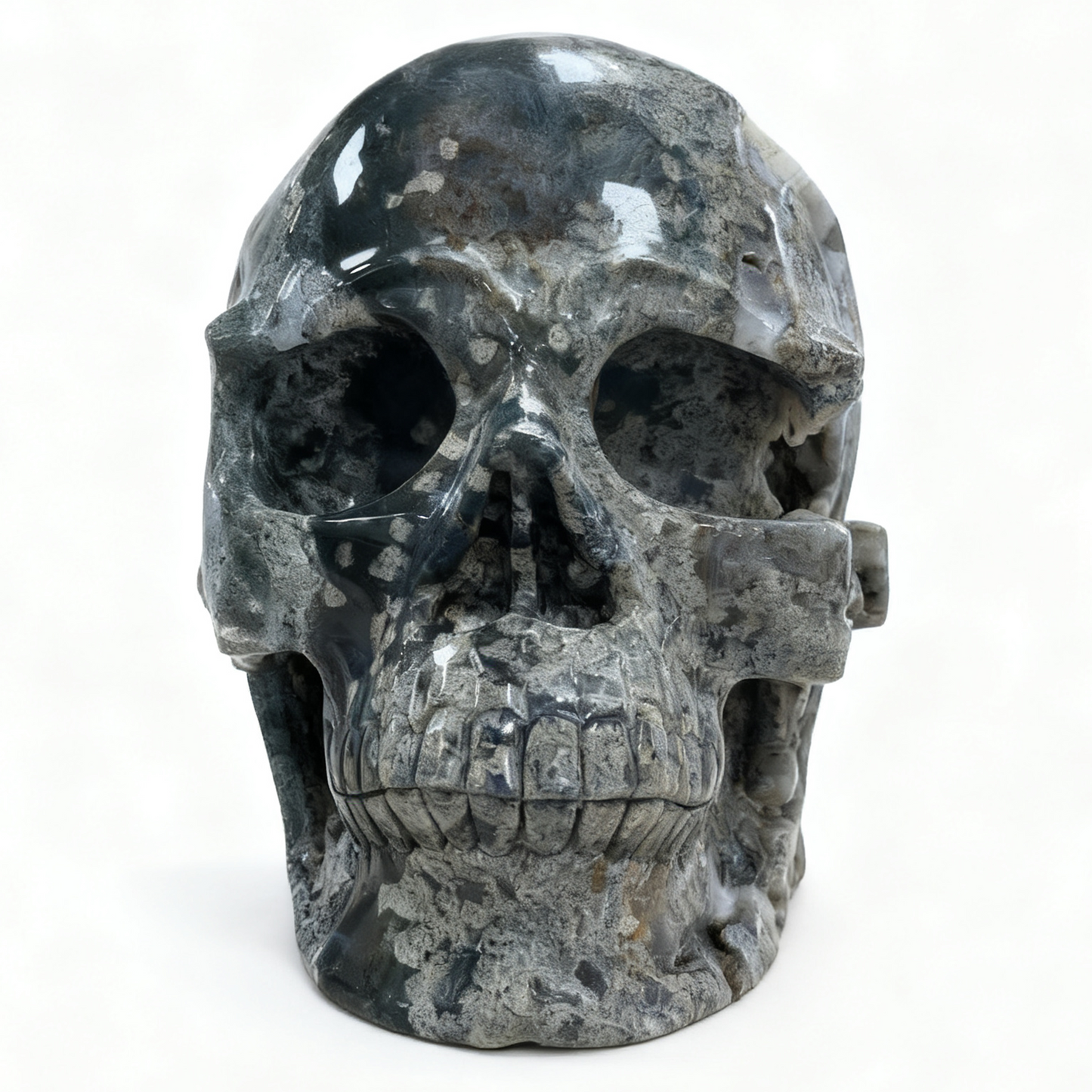 Moss Agate Geode Crystal Skull