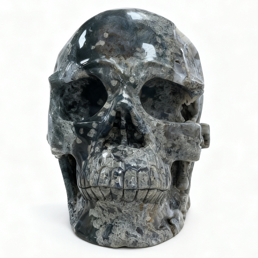 Moss Agate Geode Crystal Skull