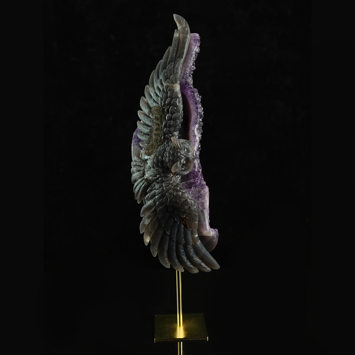 Large Amethyst Cluster Owl Sculpture - Hand Carved Natural Stone