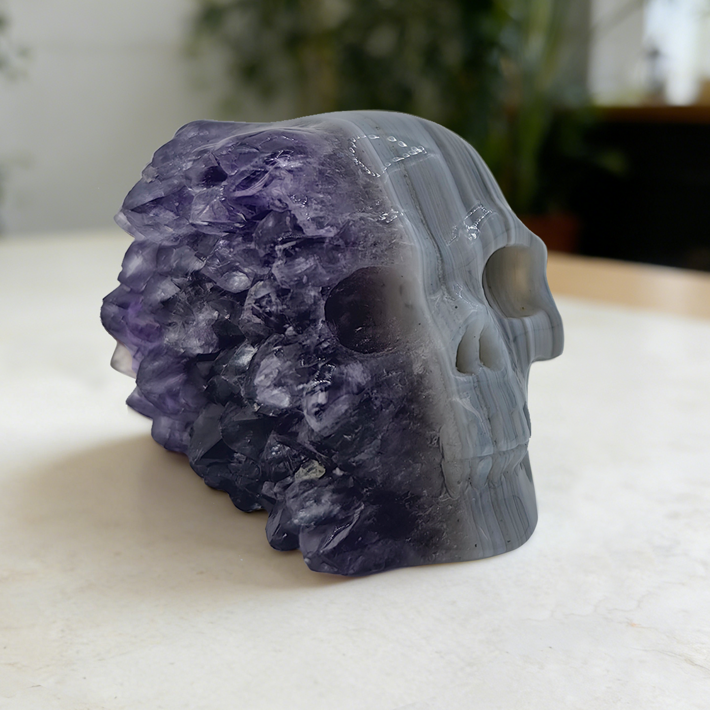 2 inch Amethyst Cluster Half Face Crystal Skull-Hand Ceved Natrual Crystal
