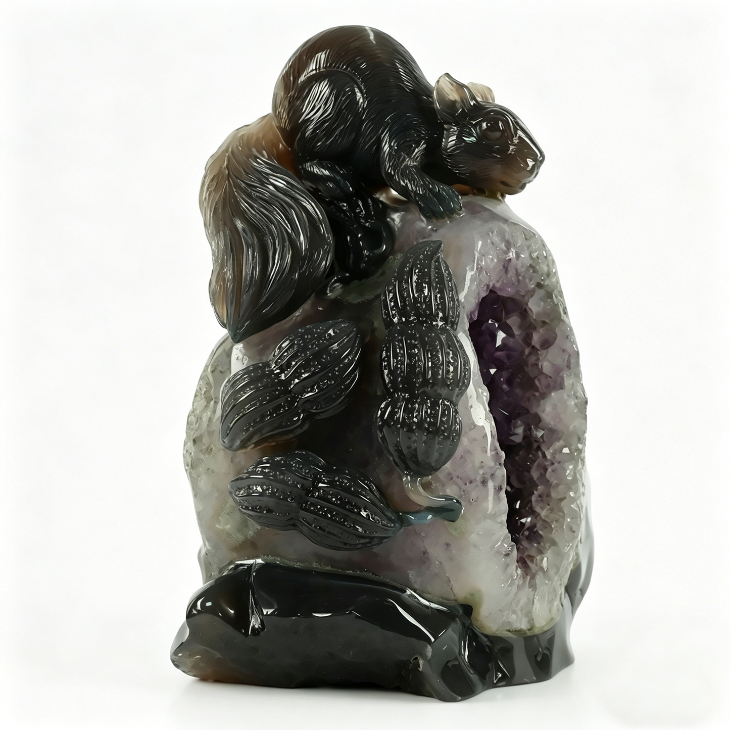 Amethyst Geode Cluster Squirrel Carving - Hand Carved Natural Crystal