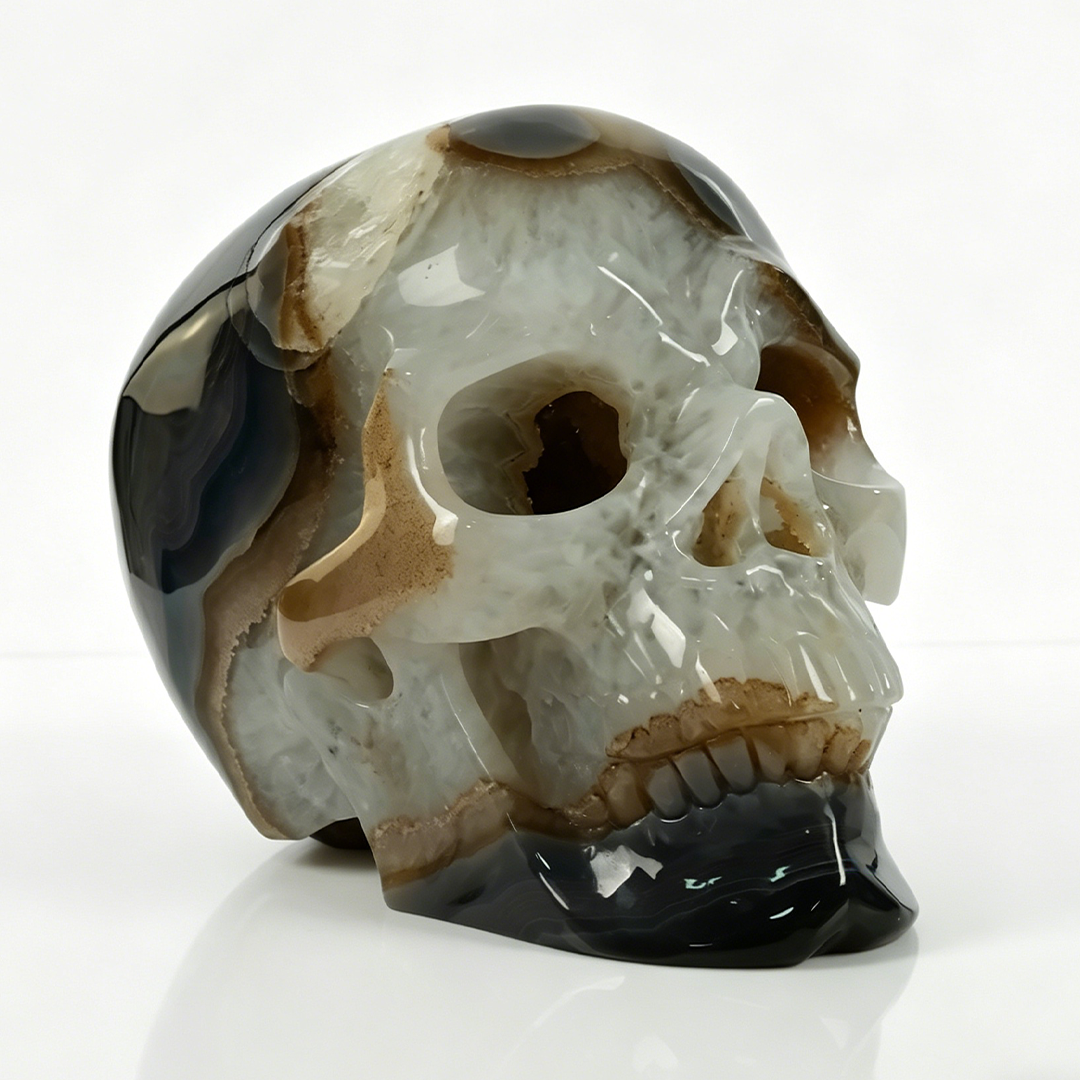 7.8 inch Carved Geode Agate Skull - Natural Stone Sculpture Carving
