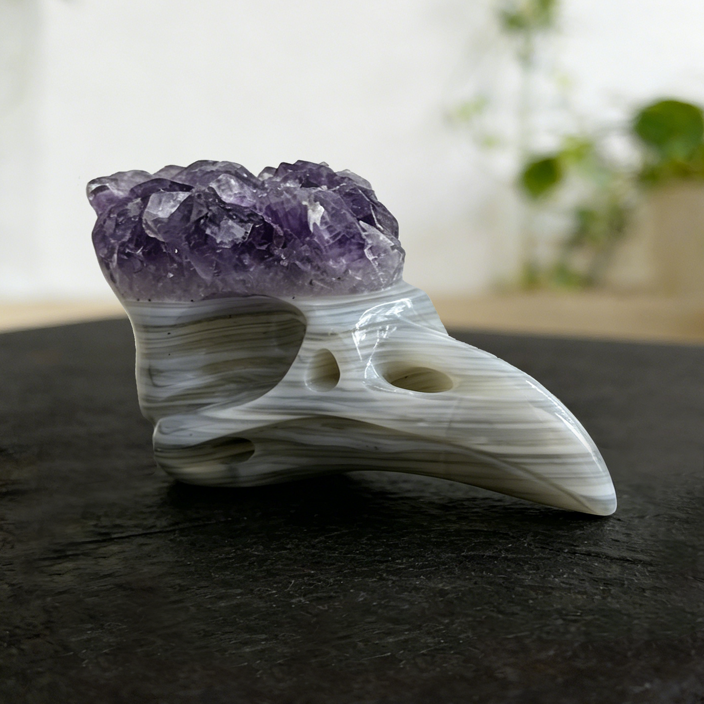 2.5 inch Amethyst Cluster Crow Skull - Natrual Amethyst Crystal Carving