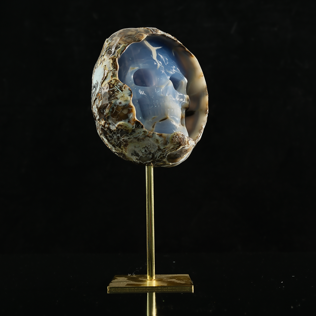 Blue Chalcedony Cave Carving Skull in Raw Crust - Hand Carved Natural Gemstone