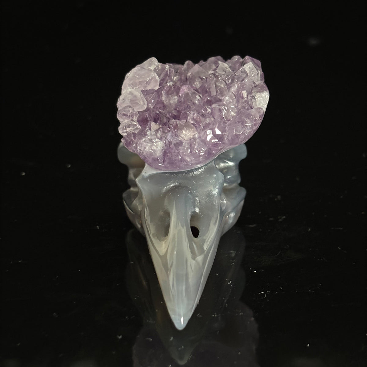 Amethyst Cluster Raven skull sculpture
