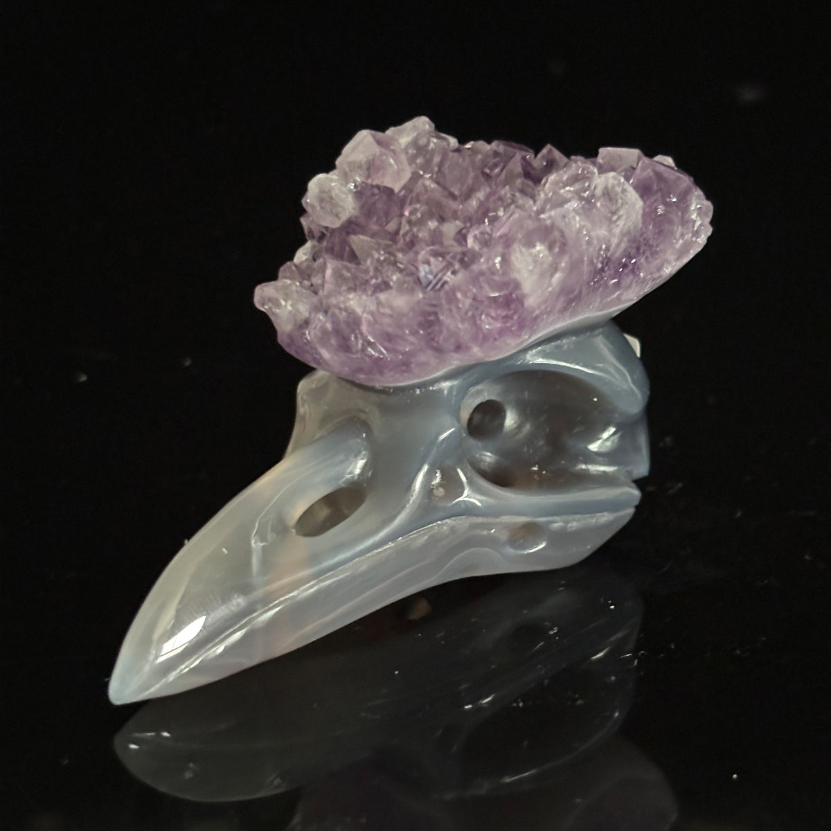 Amethyst Cluster Raven skull sculpture