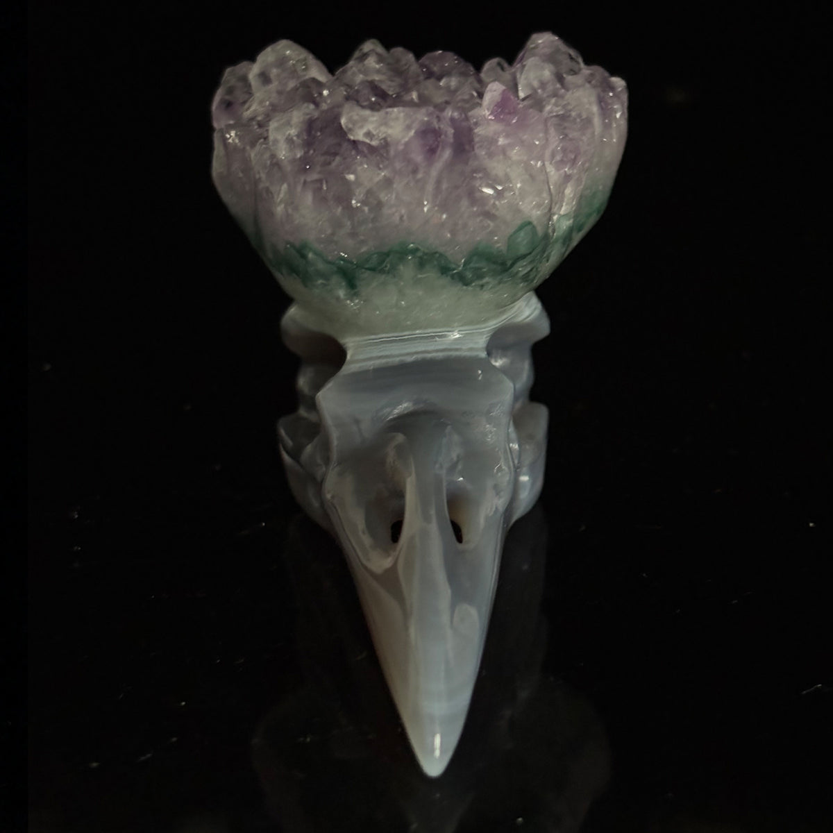 Amethyst Cluster Raven skull sculpture