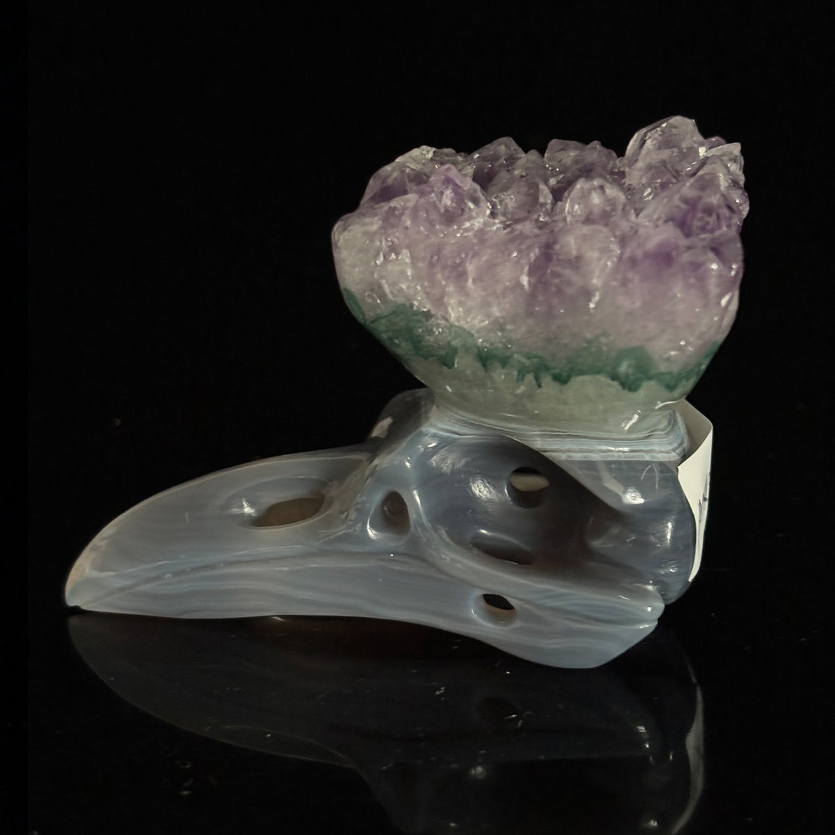 Amethyst Cluster Raven skull sculpture