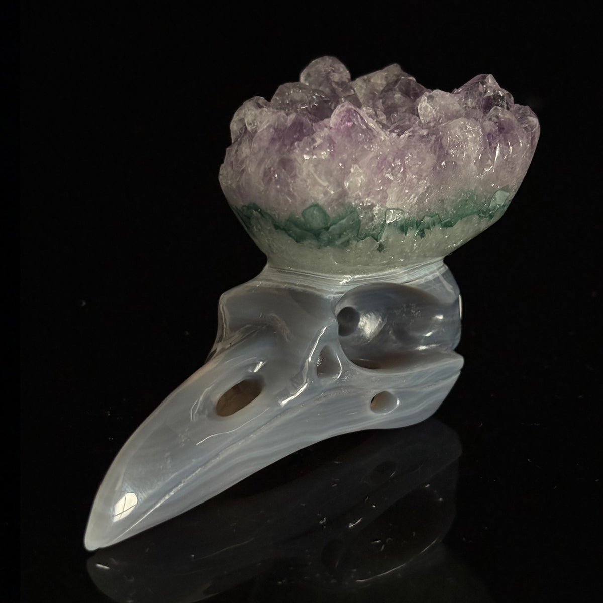 Amethyst Cluster Raven skull sculpture