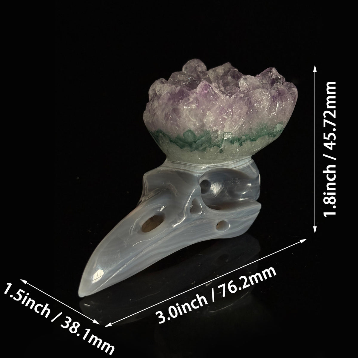 Amethyst Cluster Raven skull sculpture with size measurements